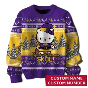 A front view of a purple and gold holiday sweater with a festive character winter trees and repeating decorative patterns!