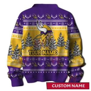 A back view of a purple and gold holiday sweater with a large viking emblem customizable name area winter trees and decorative festive patterns!