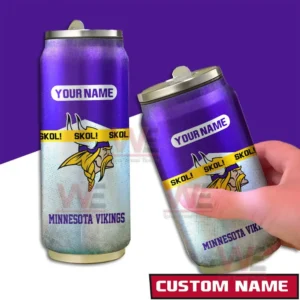 Minnesota Vikings NFL Personalized Can Tumbler 4 Two angle view of a custom name Minnesota Vikings can shaped tumbler in purple and silver.