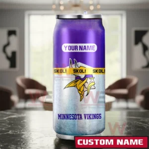 Minnesota Vikings NFL Personalized Can Tumbler 5 Custom name Minnesota Vikings can shaped tumbler displayed upright on a table indoors.