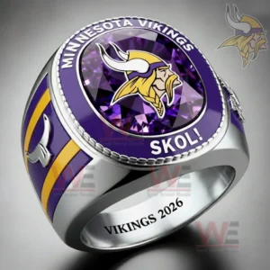 Minnesota Vikings fan ring with purple gemstone center silver band and viking inspired emblem representing strength heritage and football dedication!