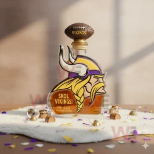 A celebratory Vikings bottle with a football cap placed among confetti and tiny Viking themed props.