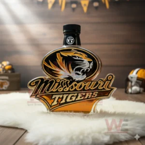 Missouri Tigers Custom Whisky Bottle 5 Missouri Tigers whiskey bottle with black cap and tiger emblem displayed on a white fur rug in a wooden sports themed room!