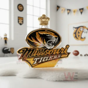 Missouri Tigers Custom Whisky Bottle 6 Missouri Tigers whiskey bottle with gold crown stopper and tiger logo displayed on a white fur rug in a bright decorated room!