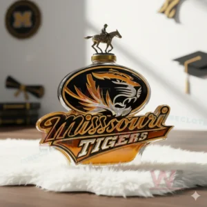 Missouri Tigers Custom Whisky Bottle 7 Missouri Tigers whiskey bottle with horse rider figurine stopper and tiger emblem displayed on a white fur rug in a stylish sports room!