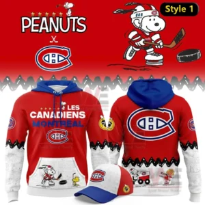Red hoodie with blue hood and Peanuts themed Montreal Canadiens graphics shown with a matching tri color cap.