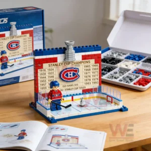 Brick hockey championship scene with a player figure ice rink trophy instruction book and parts box arranged neatly on a table!