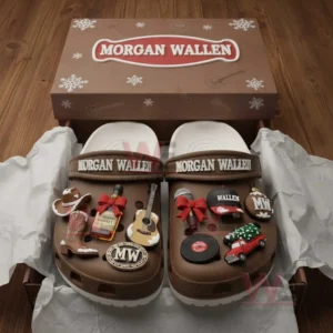 Brown clogs with assorted charms placed inside an open box on a wooden surface!