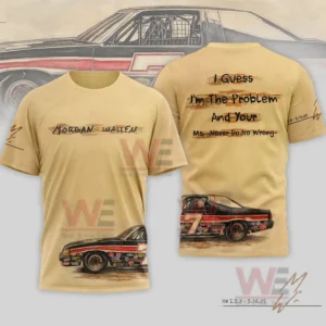 A tan shirt with Morgan Wallen text on the front racing car artwork at the bottom and handwritten lyric style text on the back!