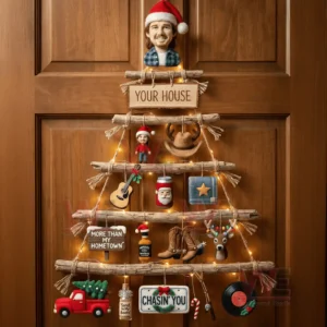 Morgan Wallen Premium Rustic Wall Christmas Tree 3 A wooden door showing a rustic christmas wall tree with country themed ornaments and warm glowing lights!