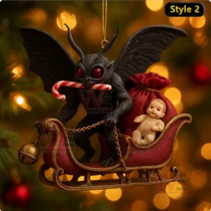 A winged creature with glowing eyes rides a sleigh with a child and a red bag!