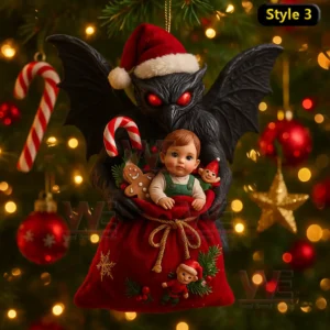 A winged creature with red eyes and a red hat holds a child in a festive gift bag!