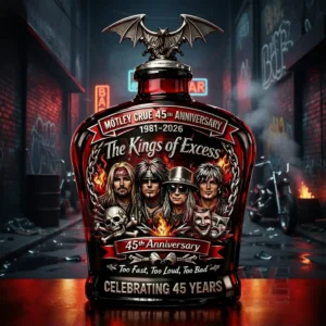 A detailed rock themed whiskey bottle with bat wing cap fiery band artwork and an urban alley background filled with neon lights and motorcycles!