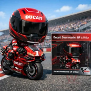 Ducati racing rider figure on a red motorcycle positioned on a race track with packaging nearby!