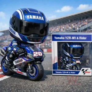 Yamaha racing rider figure on a blue motorcycle displayed on a track surface with a branded box nearby!