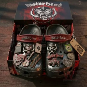 Dark rock inspired clogs presented in a collector style box with bold music themed decorative details!