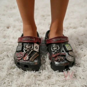 Motorhead Band Crocs Clogs with Charms 4 Feet wearing dark heavy rock inspired clogs on a plush indoor carpet!