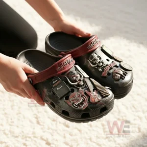 Motorhead Band Crocs Clogs with Charms 5 Hands holding dark rock music themed clogs with detailed decorative elements!