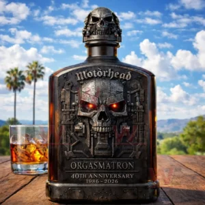 Alt text dark whiskey bottle with a skull stopper and embossed mechanical skull label with red glowing eyes reading Motorhead Orgasmatron 40th Anniversary 1986 2026 beside a whiskey glass outdoors.