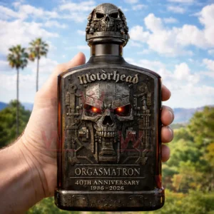 Alt text hand holding a dark whiskey bottle with skull cap and mechanical skull label with red glowing eyes and 40th Anniversary 1986 2026 text in an outdoor setting.