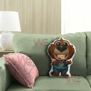 Beaver character pillow wearing a vest standing on a green sofa in a cozy living room!