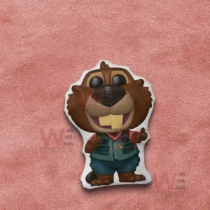 Beaver character pillow with vest shown on a pink fabric background!
