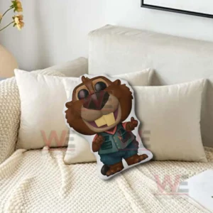 Beaver character pillow in vest leaning on a beige sofa with soft pillows!