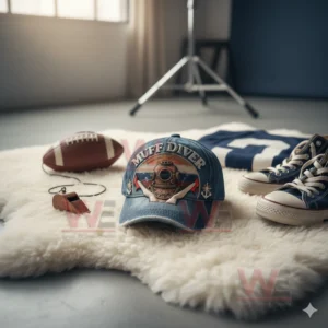 Denim Muff Diver cap with embroidered diving helmet and nautical motifs on a rug with sports gear.