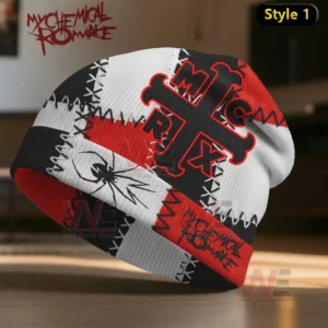 A red white and black patchwork beanie with stitched graphics and band themed symbols.