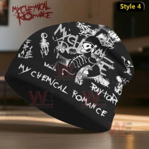 My Chemical Romance Band Beanie Hat cap 5 A black beanie with white sketch graphics and a skeleton figure surrounded by text.