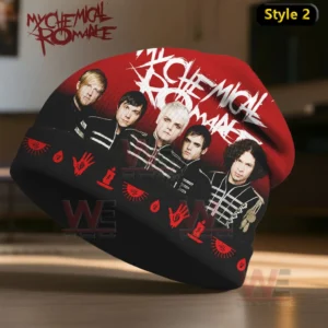 My Chemical Romance Band Beanie Hat cap 6 A red and black beanie displaying band member portraits and graphic symbols.