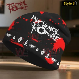 My Chemical Romance Band Beanie Hat cap 7 A black beanie with red splatter designs and white band themed symbols.