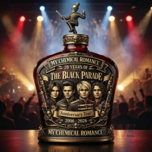 My Chemical Romance The Black Parade twenty years anniversary tour whiskey bottle with skeleton topper and band portrait label shown with concert lights and crowd background!