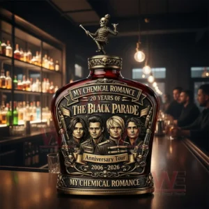 My Chemical Romance The Black Parade twenty years anniversary tour whiskey bottle with skeleton topper and band portrait label displayed on a bar counter with liquor shelves!