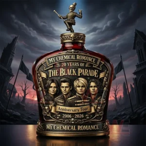 My Chemical Romance The Black Parade twenty years anniversary tour whiskey bottle with skeleton topper and band portrait label shown against a dark gothic landscape and stormy sky!