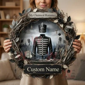Gothic rock themed wreath with band inspired imagery instruments dark flowers and custom name plaque held indoors!