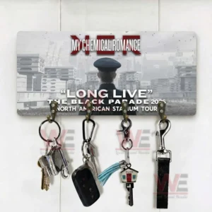 My Chemical Romance Long Live The Black Parade 2026 Personalized Wall Key Holder 11 My Chemical Romance tour themed wall key holder with four hooks holding keys and accessories displayed on a clean white wall.