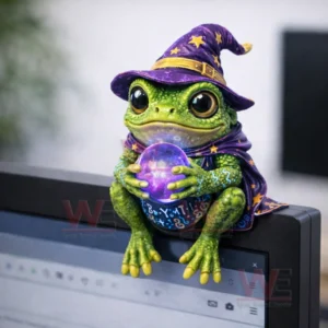 Green wizard frog figurine holding a crystal ball sitting on a car dashboard!