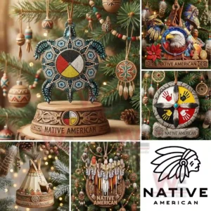 Native American themed ornaments with symbolic imagery handcrafted details and cultural elements hanging across a decorated Christmas tree!