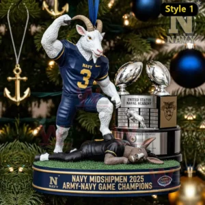 Navy Midshipmen goat mascot ornament posed in victory with a championship trophy on a decorated Christmas tree!