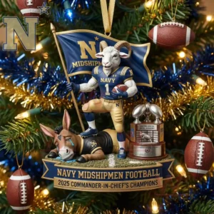 Navy Midshipmen football mascot ornament hanging on a Christmas tree with championship theme and festive decorations!