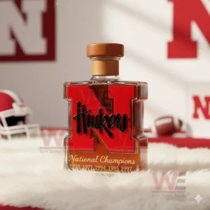 A Nebraska Huskers themed bottle shown on a soft surface with school themed items in the background!