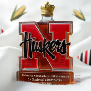 A crown topped red N Huskers bottle placed on white fabric with corn motifs in the background.
