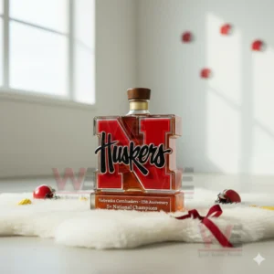 Nebraska Cornhuskers 5x National Champions Go Big Red Whiskey Bottle 9 A red N Huskers bottle with a wooden cap on a white fur surface in a bright room with small helmets around.