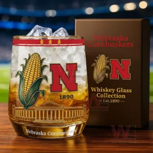 Nebraska Cornhuskers glass with ice and corn design standing next to a branded box!