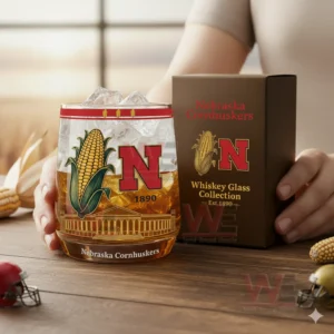 Nebraska Cornhuskers Corn Whiskey Glass Collection 3 Hands holding a Nebraska Cornhuskers glass with ice beside a matching box on a table!