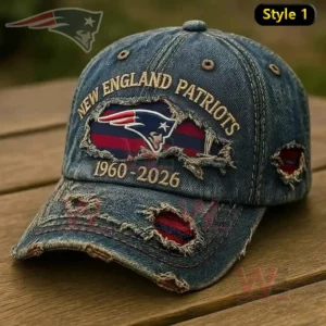 Distressed denim New England Patriots cap with embroidered logo and vintage fan appearance!