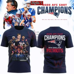 Navy t shirt shown front and back with a front player collage and AFC East Champions text and a back design reading 2025 AFC East Champions with Patriots logo and New England Patriots lettering.