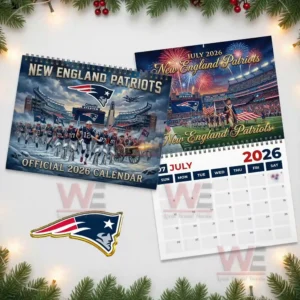 Collage of New England Patriots twenty twenty six calendar pages including the main cover and the July fireworks themed page!