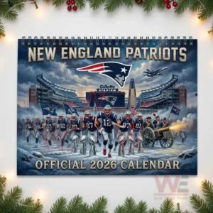 New England Patriots 2026 Wall Calendar 10 New England Patriots twenty twenty six calendar cover with players running through snow a cannon firing and jets overhead at Gillette Stadium!